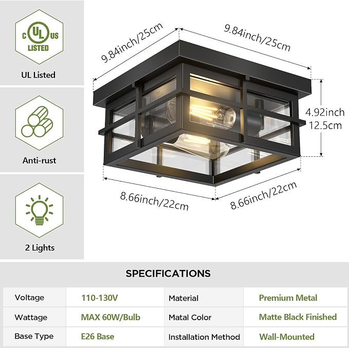 Asnxcju Modern Outdoor Ceiling Light Fixtures, 2-Light Black Flush Mount Light Fixtures with Clear Glass Shade, Farmhouse Square Ceiling Lighting for Porch Bathroom Kitchen (Bulbs Not Included)