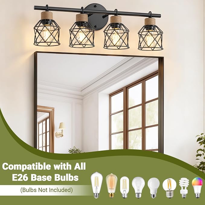 4-Light Farmhouse Vanity Light Fixtures, Bathroom Lighting Fixtures Over Mirror, Rustic Vintage Black Wall Sconces Lights with Elegant Metal Lampshade for Mirror, Bedroom, Living Room, Hallway
