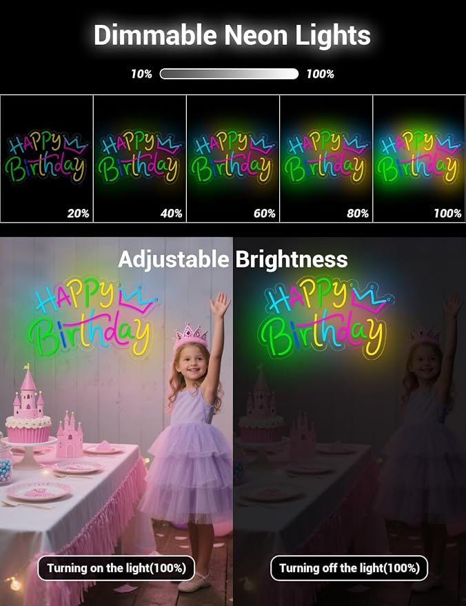Happy Birthday Neon Sign for Decorations Backdrop, Happy Birthday Light Up LED Sign for Party Backdrop with Dimmable USB Power for Any Ages (Happy Birthday)