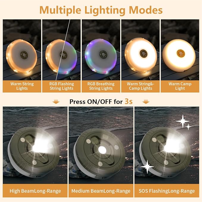 Camping Lights String: Outdoor String Lights with 5 Lighting Modes - Quick 30s Recovery Durable and Waterproof - USB Charging Portable Camping Lights for Camping/Yard/and Hiking - 2PACK