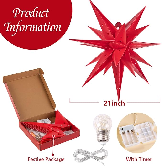 SUNBEAUTY 21 Inches Red Large Moravian Star Outdoor Light Warm White LED Hanging Star Lights 3D Christmas Tree Topper Star for Holiday Wedding Birthday Party Porch Light Decor