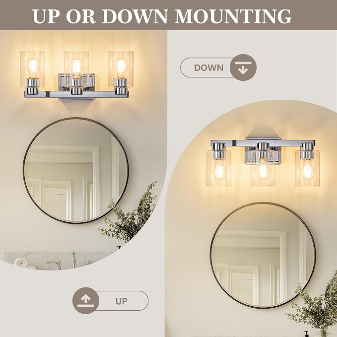 3-Light Bathroom Light Fixtures with Clear Glass, Chrome | Vanity Lights, Modern Wall Sconces, Over Mirror for Bathroom, Powder Room, Living Room