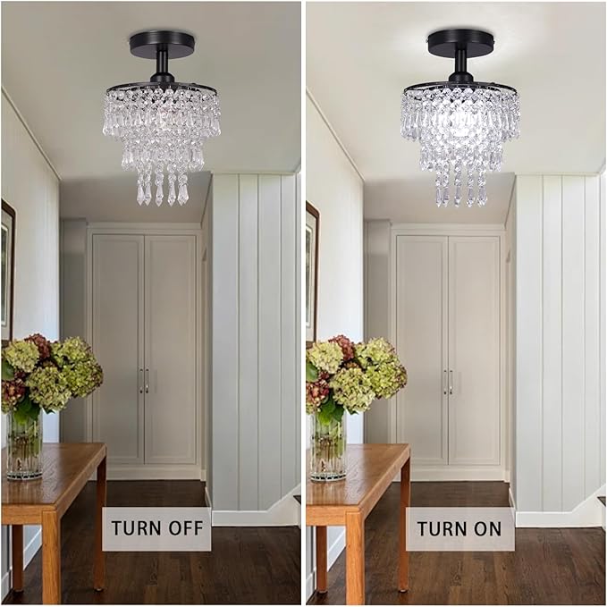 FRIXCHUR Small Crystal Chandelier Flush Mount Ceiling Light 3 Tiers Raindrops Crystal Chandeliers for Bedroom Hallway Foyer Living Room Entryway Closet,Black