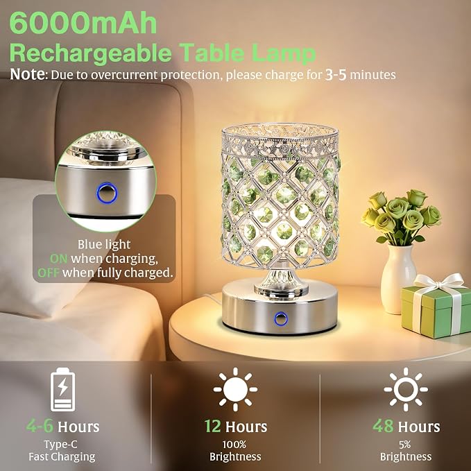 Green Small Crystal Rechargeable Cordless Table Lamps Set of 2 | 6000mAh Battery, 3 Color Temps, Stepless Dimming, Touch Control, Portable Wireless Night Light for Bar Bedroom Living Room
