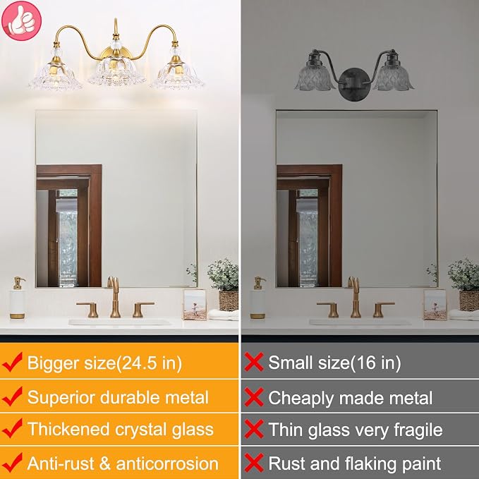 Modern Bathroom Vanity Light Fixtures 3 Lights Brushed Gold Vanity Lights for Bathroom with Floral Crystal Glass Shade Modern Wall Lighting Fixtures Over Mirror(Exclude E26 Bulb)