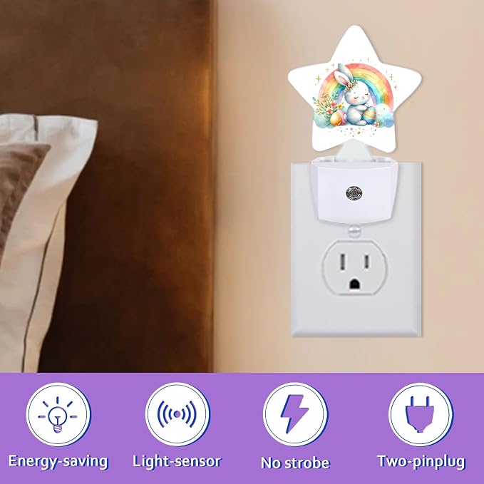 Easter Rabbit Night Lights Plug Into Wall Decorative,Colorful Rainbow Sleep Friendly Lamp, Energy Efficient Dusk-to-Dawn Sensor Nightlights for Kid Bedroom Nursery Bathroom