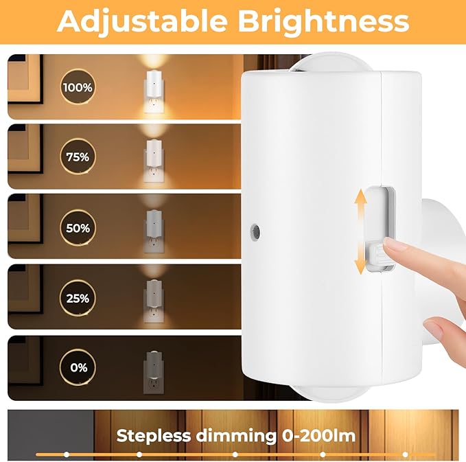 Dimmable LED Night Lights Plug into Wall, Rotatable Plug-in Night Light, Dusk to Dawn Sensor, Adjustable Brightness 0-200Lm,3000K Soft White,for Bedroom, Hallway, Stairway, 4 Pack