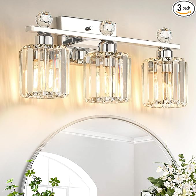 Crystal Bathroom Lighting Fixtures Over Mirror, 3 Light Chrome Brushed Nickel Vanity Light, Modern Bath Wall Sconce Lighting for Bedroom Living Room