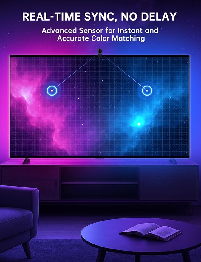 TV Backlight with Sensor Sync, 11.5ft RGB LED Light Strip for 32–50” Screens, Smart App Control, Game & Music Sync Lighting