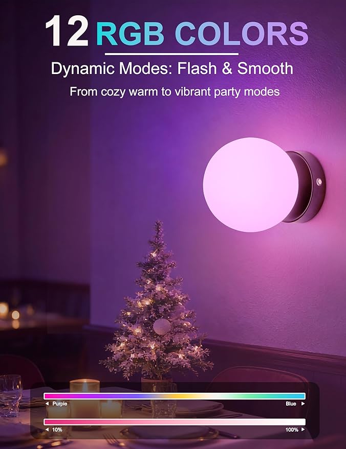 Battery Operated Rechargeable Wall Sconce Single, Matte Black Opal Glass Globe Wall Lamp, Wireless Touch & Remote Control, Dimmable 3 CCT + 12 RGB Colors for Bedroom Living Room Hallway