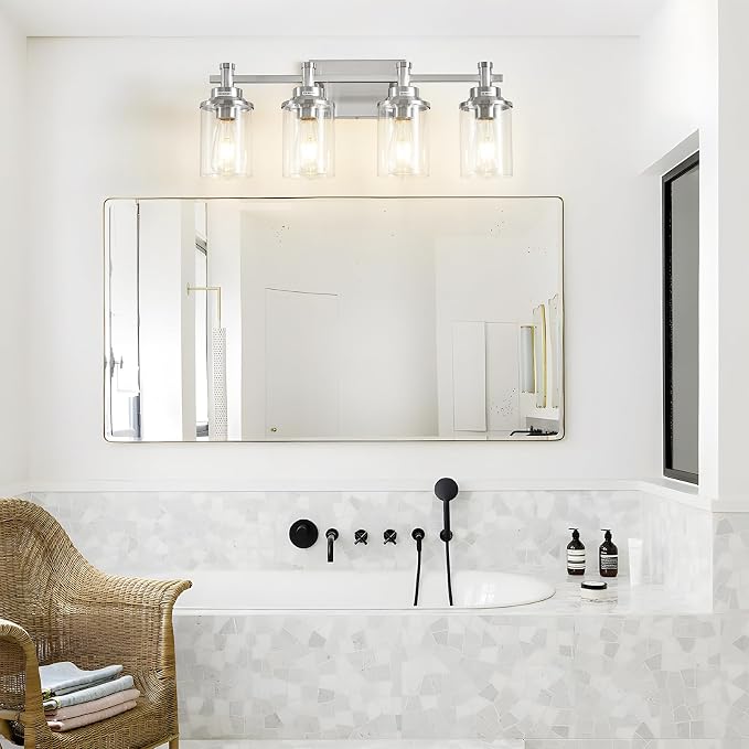 Brushed Nickel 4-Light Bathroom Vanity Light Fixtures Over Mirror, Modern Wall Sconce with Clear Glass Shade for Hallway