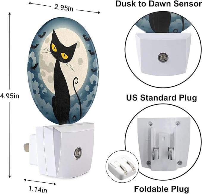 Plug in Fantasy Funny Cat Night Light Full Moon Bats Black Cat Fun Animal Plug-in Nightlight Auto On/Off Dusk to Dawn for Bedroom Bathroom Staircase Home Decor, LEDLAMP3013