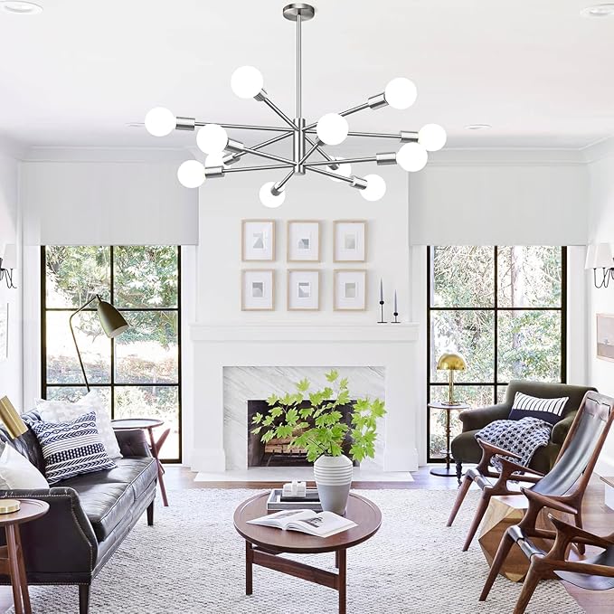 33" Modern Chandelier Ceiling Light Fixture, 12-Light Sputnik Chandeliers Brushed Nickel Mid Century Chandelier Over Table, Height Adjustable Chandeliers for Dining Room Living (Bulbs Not Included)