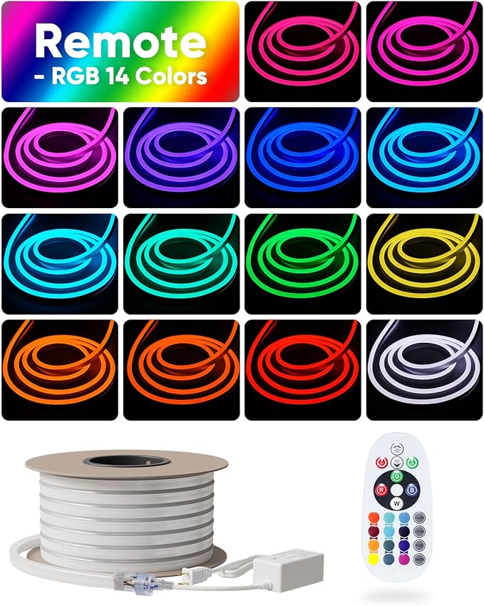 LED RGB Neon Rope Lights AC 120V, Expandable & Cuttable Bright Strip Lighting with Remote, Dimmable Color Changing, ETL Cold-Resistant & IP65 Waterproof for in&Outdoor, 10x20mm, 82FT