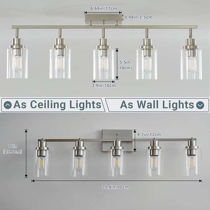 LOUSACE 5-Light Brushed Nickel Track Lighting Kit with Clear Glass, Modern Track Light Fixtures Flush Ceiling Mounted, Tracking Vanity Lighting Rotatable Spotlight for Kitchen Bathroom Accent Shop