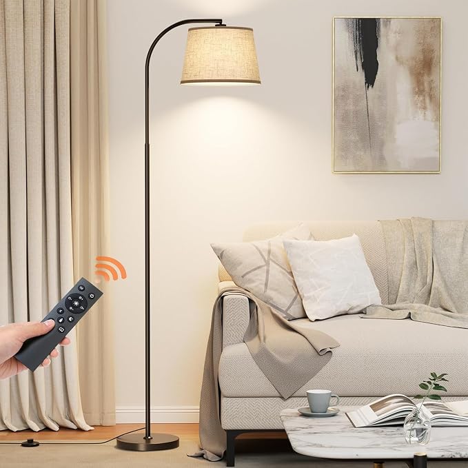 Karjoefar 64" 3 Color Dimmable Black Arc Floor Standing Lamp with Remote | Adjustable & 350°H/180°V Rotatable Linen Shade, Stepless Dimmable Lighting, 9W Bulb Included, Ideal for Bedroom & Office