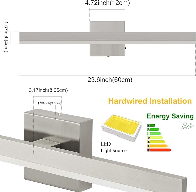 Nickel Bathroom Vanity Light Fixture 23.6'' 20W Dimmable 5CCT LED Hardwired | Bathroom Light Fixture Over Mirror, Bathroom Wall Sconce, Rust-resistant, ETL Certificated, 2700K/3000K/3500K/4000K/5000K