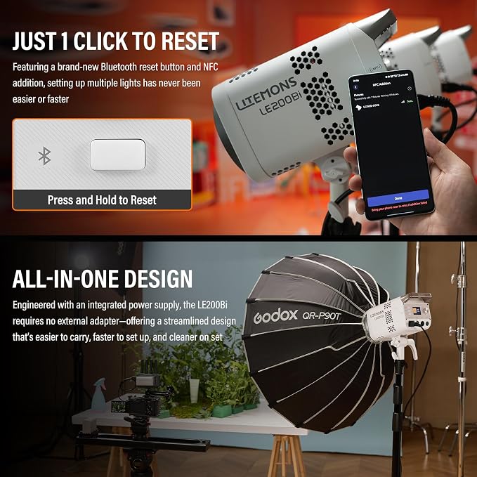 Godox Litemons LE200Bi Bi-Color LED Video Light Kit with Softbox Light Stand Reflector CRI 98+, 2800K-6500K, 57700 Lux Output, DMX/App Control for Studios Ultra Quiet for Content Creation