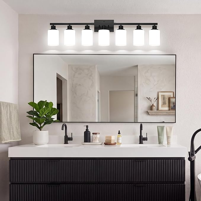 MOKATNG 7-Light Bathroom Light Fixtures, Vanity Light with Milky White Shades, Matte Black Bathroom Light Fixtures Over Mirror, Modern Bathroom Wall Lamp for Mirror Living Room Cabinet Bedroom
