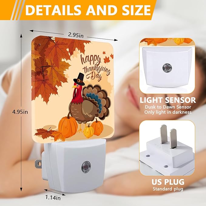 Thanksgiving Turkey Night Light, Plug-into Autumn Maple Leaves Nightlight White LED Lamp, Energy Efficient Decor Desk Lamp for Bedroom Hallway Stairs Bathroom