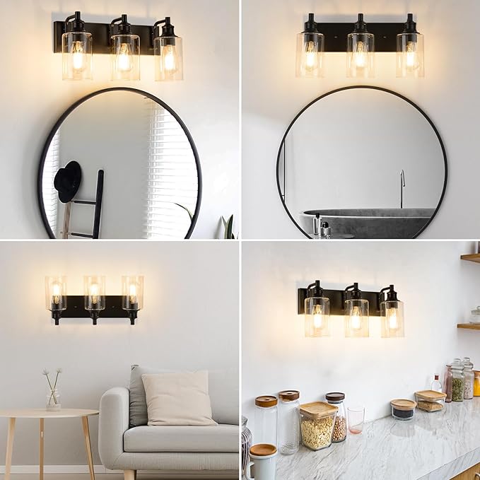 3-Light Bathroom Light Fixtures Modern Black Vanity Lights for Bathroom Lighting Fixtures Over Mirror for Cabinet Mirror Bedroom Hallway
