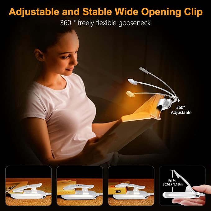 Gritin Rechargeable Book Light for Reading in Bed with 19 LED | Eye Caring 3 Color Temps, 5 Brightness Levels, Memory Function, 90 Hrs Runtime Flexible Goose Neck Clip on Light-White