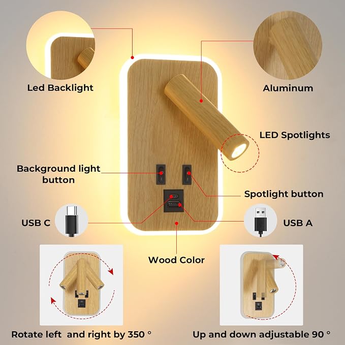 Wall Mounted Reading Lights with Wall Sconce Plug in&Hardwired | Wall Lights for Bedroom with USB C+A Ports, Bedside Lamp with 9W Night Light, Wood Color Reading Light Adjustable 350°Angle