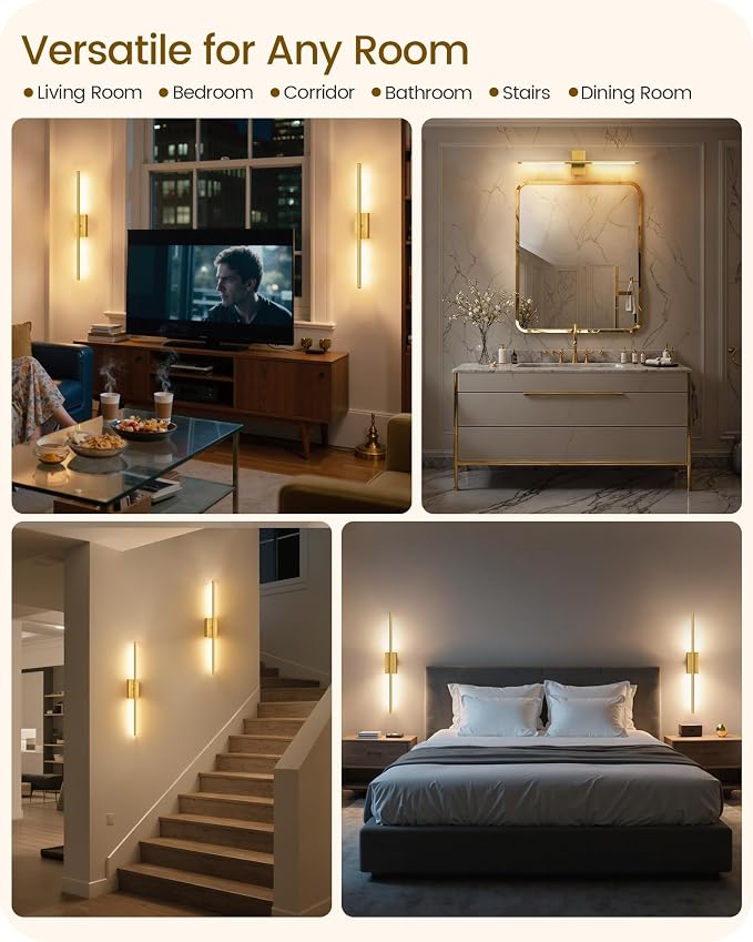 27.6" Wireless Battery Operated Wall Sconces Set of 2, Modern Rechargeable Lamp with Remote, 360° Rotation, 10000mAh, Touch Dimmable Lights for Bedroom, Living Room, Hallway, Gold D06YBP205