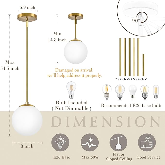 8" Globe Pendant Light Gold 2 Pack Mid Century Pendant Light Globe Pendant Lights Kitchen Island Brushed Brass Finished with Milk Glass Adjustable Ceiling Light Fixtures for Dining Room Bar