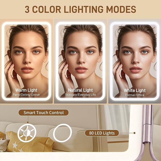 FRANO Lighted Makeup Mirror with 1X/3X/5X Magnification, Rechargeable Trifold Mirror, Smart Sensor & 3 Light Colors, Portable Cosmetic Vanity Mirror for Women - Metallic Purple