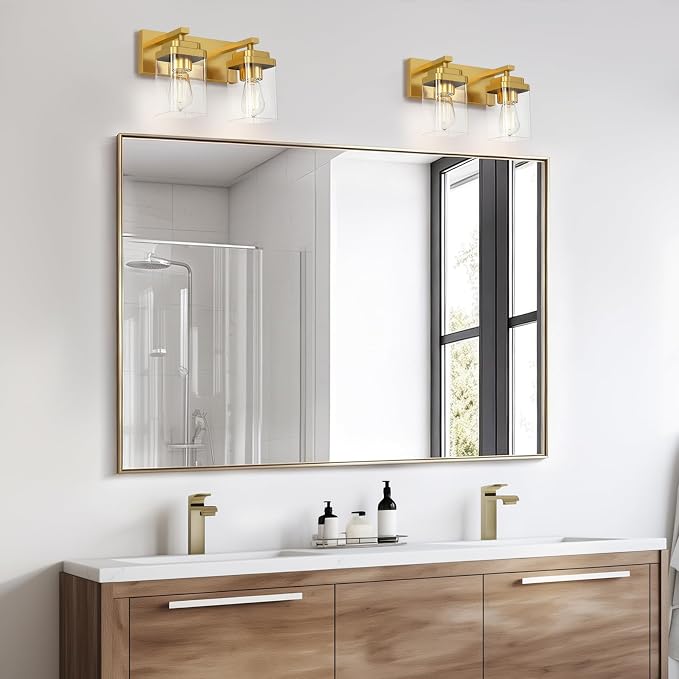 Brushed Gold Bathroom Light Fixtures, 2 Lights Bathroom Lighting Fixtures Over Mirror, Square Design & Rectangle Large Backplate, Modern Vanity Lighting Fixtures, for Living Room/Bedroom