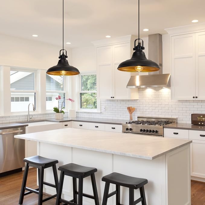 Matte Black Farmhouse Pendant Lights Kitchen Island,2 Pack Rustic Black Hanging Lighting Fixture,Pendant Lighting for Kitchens Dinning Room Bedroom Hallway,2 Packs
