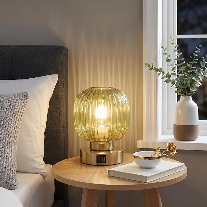 Elenhome Touch Small Table Lamp,Elegant Green Glass Bedside Lamp 3 Way Dimmable with USB C+A Charging Ports - Bedroom Nightstand & Living Room Essential, 4W Bulb Included (Green)