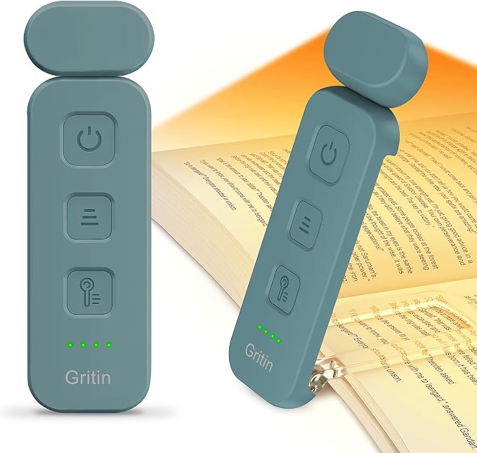Gritin Reading Light, Rechargeable Book Light for Reading in Bed | Eye Caring 3 Color Temperatures, 5-Level Dimmable Brightness, Long Lasting, Compact Size Clip on Book Lamp-Pacific Blue