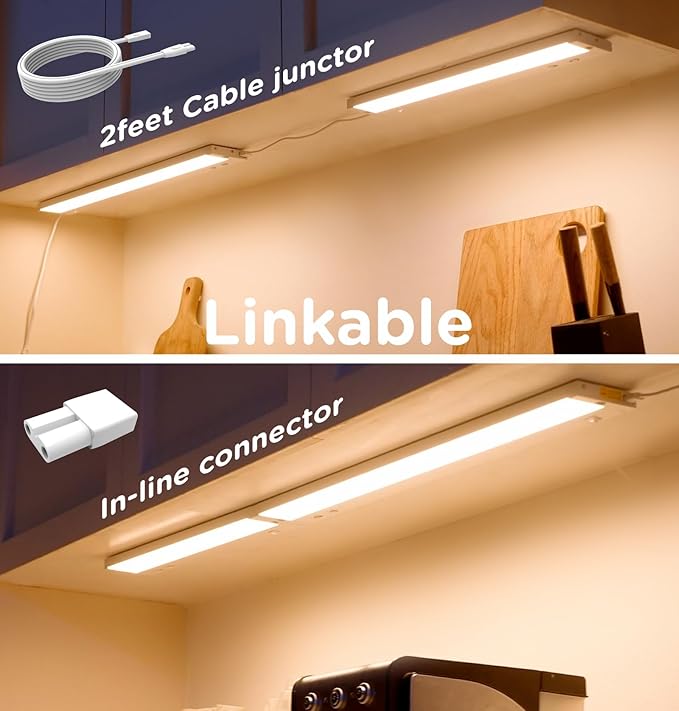 24 Inch Under Cabinet Lighting Plug in, 14W 120V 3 Color 3000K/4000K/5000K, 3 Brightness, Super Bright, Ultra Thin Under Counter Lights for Kitchen, Linkable LED Cabinet Light, White