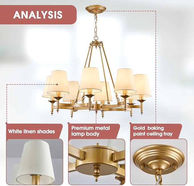 29.9inch 8-Light Gold Chandelier with White Linen Fabric Shade Large Farmhouse Ceiling Light Fixture Industrial Adjustable Hanging Pendant Light for Dining Room Living Room Kitchen Bedroom