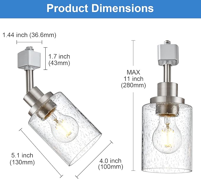 4 Pack H Track Lighting Heads Brushed Nickel Track Lighting Fixtures with Bubble Glass, Multi-Directional Rotating H Type Track Light Replacement Heads E26 Modern Spotlight for Kitchen Island