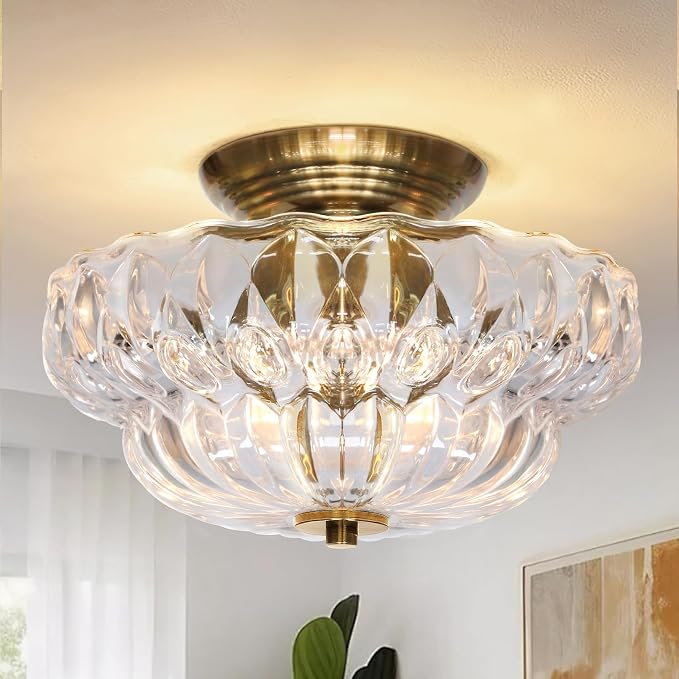 Semi Flush Mount Ceiling Light,11IN 3-Bulb Clear Glass | Vintage Gold Hallway Lights Fixture, Globe Close to Ceiling Light for Bathroom, Hallway, Dining Room,Bulb Not Included