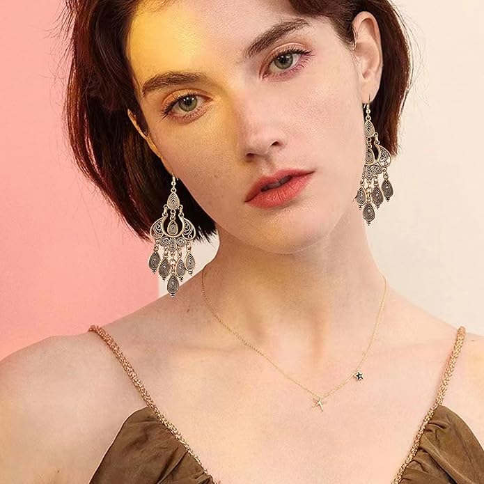 Unique Bohemian Vintage Bronze Chandelier Teardrop Flower Geometry Dangle Drop Earrings For Women