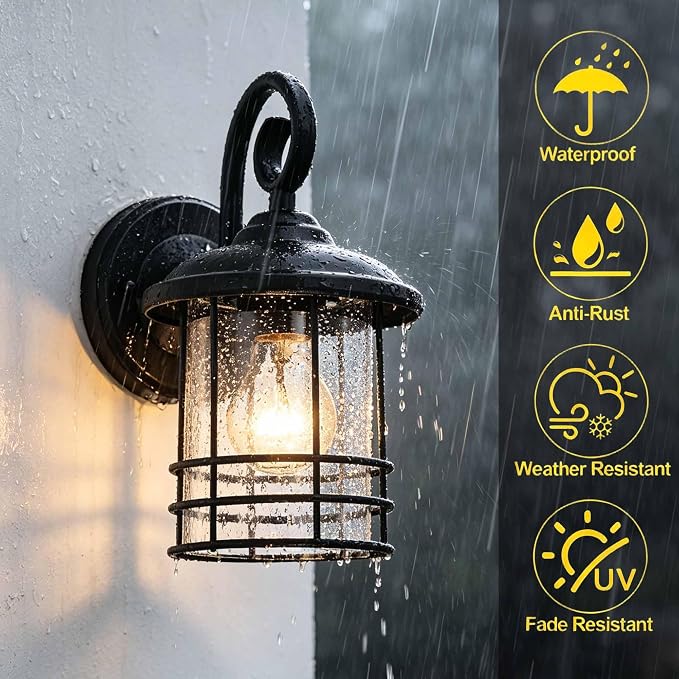 MICSIU 5.5" Wide Black Single Outdoor Porch Light, 9.8" H Modern Farmhouse | Seedy Glass Outside Fixture, Vintage Round Outdoor Wall Sconce For Small Sidelight, Front Door, Garage