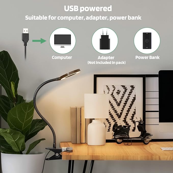 Glorious-LITE Clip on Light 36 LED Eye Caring Reading Light for Bed Black | 360° Flexible Gooseneck, With 4 Color Modes, Dimmable Book Light for Bed, Desk, Headboard, USB Powered, With 59inch USB Wires