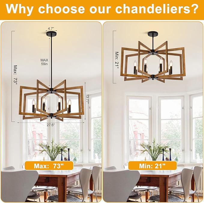 27.6" Chandelier for Dining Room, 8-Light Wood Grain Farmhouse Dining Room Light Fixture Over Table, Industrial Hanging Pendant Lights Fixture for Kitchen Island, Living Room, Foyer, Entryway