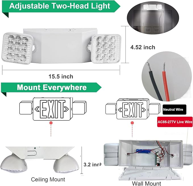 12 Pack Commercial LED Emergency Lights Fixture, Emergency Light with Battery Backup, Emergency Lights for Business Home power Failure, Two Adjustable Head Emergency Lighting, Hardwired 120-277V