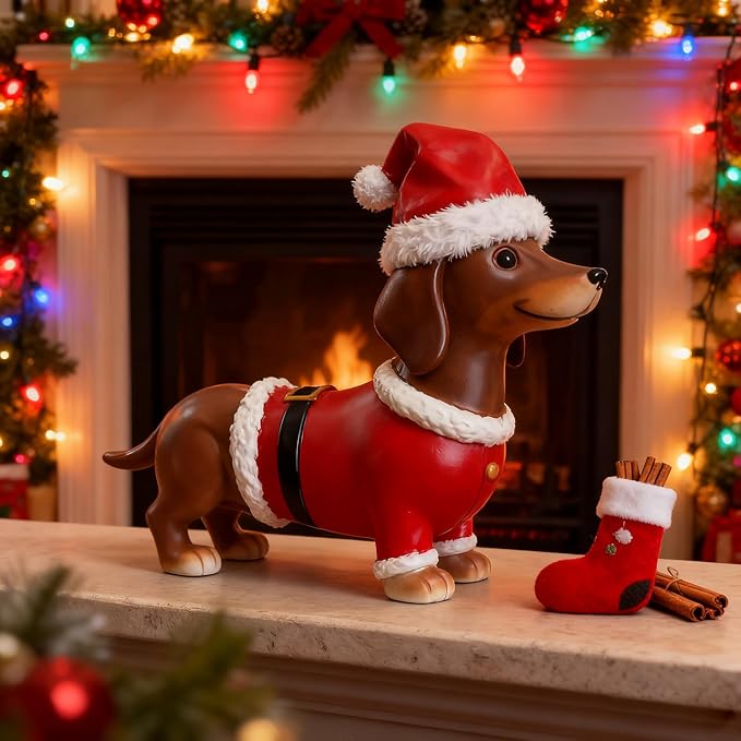 Christmas Dachshund Figurines Decor Xmas Resin Statue Ornament Cartoon Cute Puppy Tabletop Ornament Gifts Christmas Dachshund Dog Sculpture for Garden Home Party Decoration Supplies