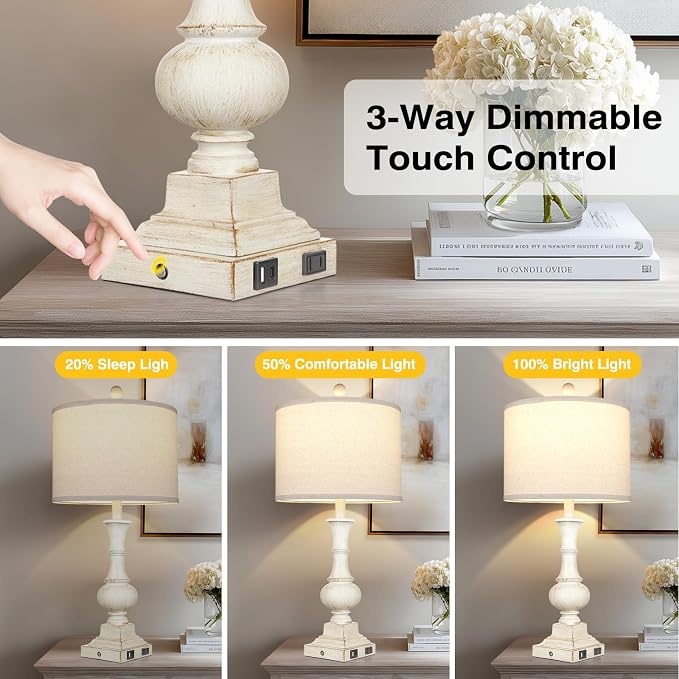 26" Farmhouse Table Lamps Set of 2, Rustic Touch Control Bedside Lamps with 2 USB Ports & AC Outlet, Vintage White Resin 3-Way Dimmable Nightstand Lamp Linen Fabric Shade for Living Room Bedroom Decor
