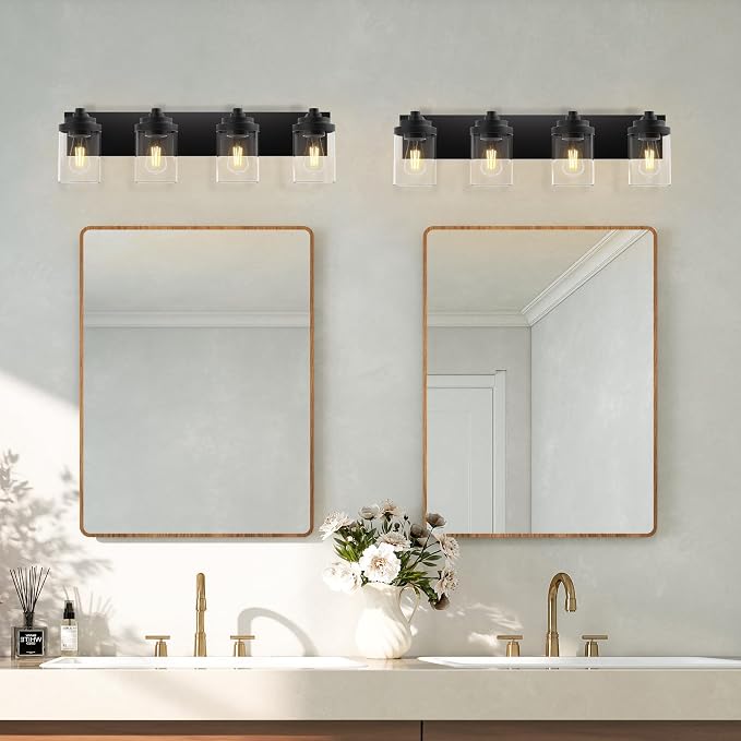 Bathroom Vanity Light Fixture, 4-Light Modern Black Vanity Light Fixtures with Clear Glass Shade, Matte Black Bathroom Light Fixtures Over Mirror, Rustic Restroom Lighting Fixtures