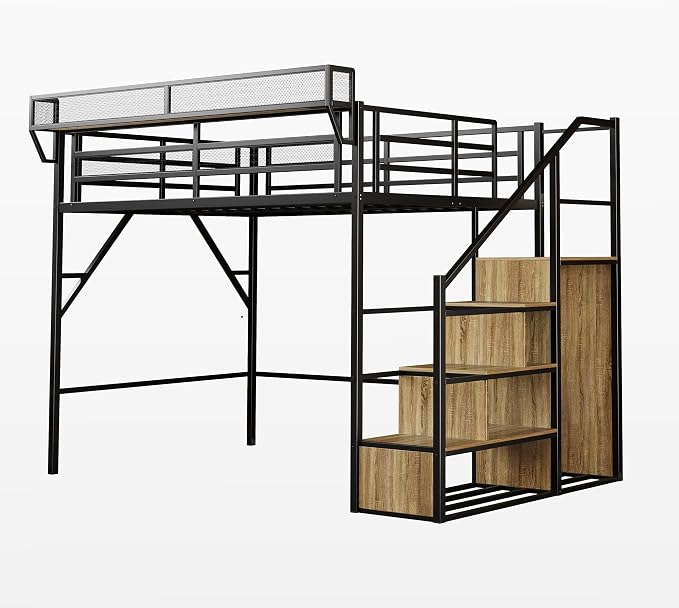 Queen Size Metal Loft Bed with Storage Shelf Built-in USB Port | Heavy Duty Loft Bed with Storage Stairs & Wardrobe+ LED Lights, Large Under-Bed Area, Noise Free, No Box Spring Needed