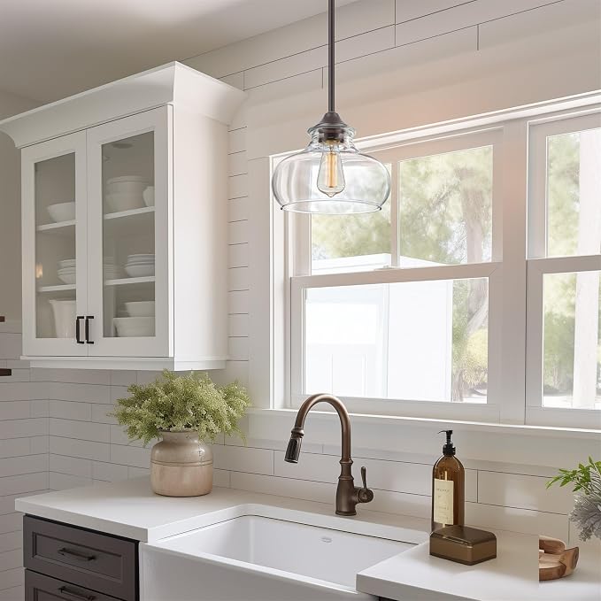 Kira Home Harlow 9" Modern Schoolhouse Pendant Light for Ktichen Island | Clear Glass Shades, Industrial Farmhouse Hanging Fixture, Classic Oil Rubbed Bronze Finish