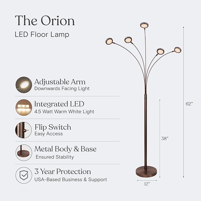 Brightech Orion Arc Floor Lamp for Living Room, Tree Floor Lamp with 5 Adjustable Arms, Multi-Head Standing Lamp with Flexible Rotating LED Lights for Bedroom, Dorm - Bright Hanging Lighting - Bronze