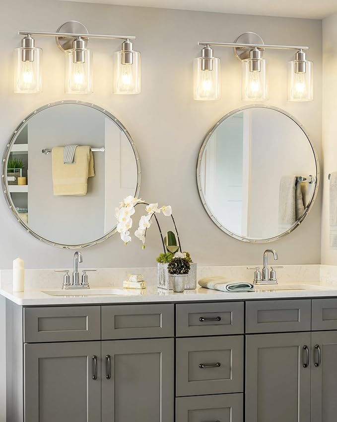 Brushed Nickel Vanity Lights - 3-Light Modern Bathroom Lighting Fixtures with Clear Glass Shade - Wall Sconce for Hallway - 2Pack